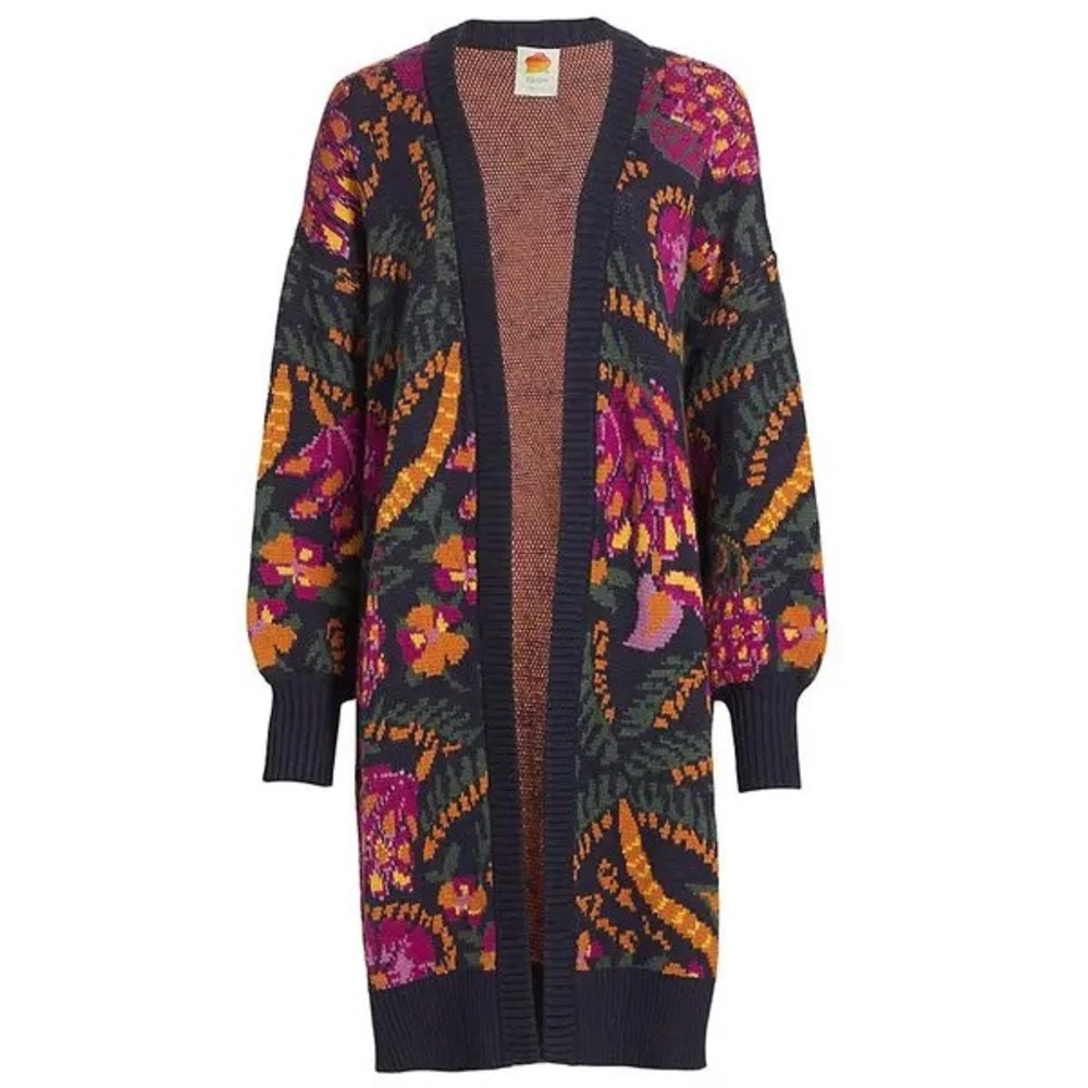 Farm Rio Long Cardigan Brazil Flowerdoscopic Oversized Blue Wool XL